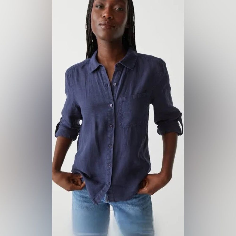Michael Stars Small Blue Linen Button Up Blouse